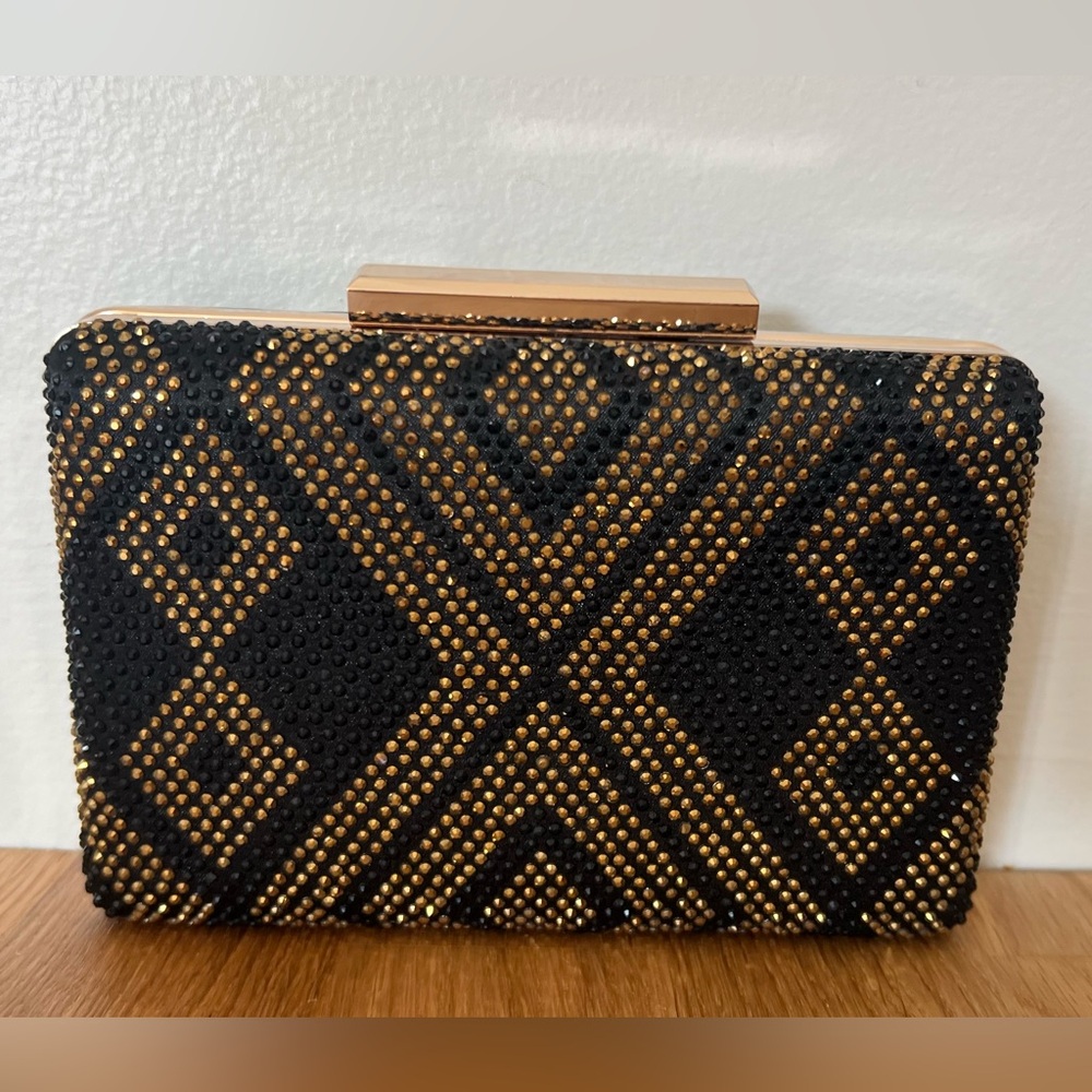 Cache Black Gold Jeweled Purse Bag Clutch Gold Metal